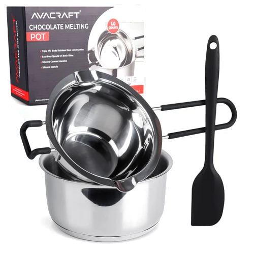 AVACRAFT Double Boiler 18/8 Stainless Steel Double Boiler Pot with Stainless Steel Pot and Silicone Spatula, Double Boiler Set for Melting Chocolate, Candy, Soap, Wax, Candle Making (1 Quart)