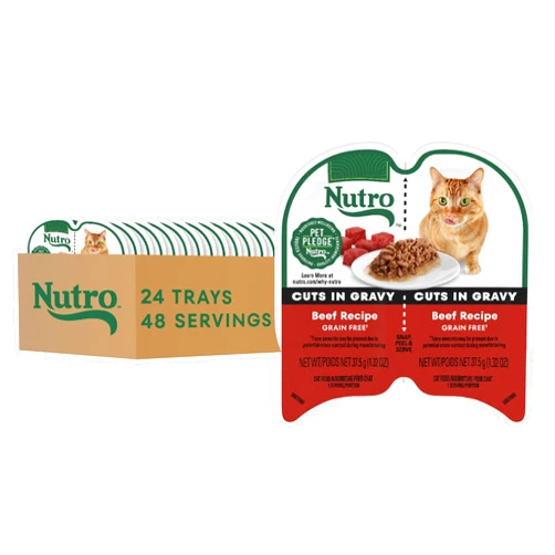 NUTRO Grain Free Natural Wet Cat Food Cuts in Gravy Beef Recipe, 2.64 oz. PERFECT PORTIONS Twin-Pack Trays, Pack of 24