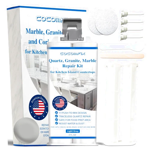 Cocomfix Quartz Countertop Chip Repair Kit(Light Gray), Marble and Granite Repair to Fix Nicks, Chips or Scratches on Granite, Marble Porcelain, Corian, Travertine, Quartz, Acrylic and Other Surfaces.