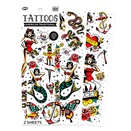 Savvi - 18 American Traditional Temporary Tattoos: Skin-Safe Ink, Great for Parties and Everyday Wear,Gifts for Teens and Adults, Made in the USA [2 sheets, 18 count]