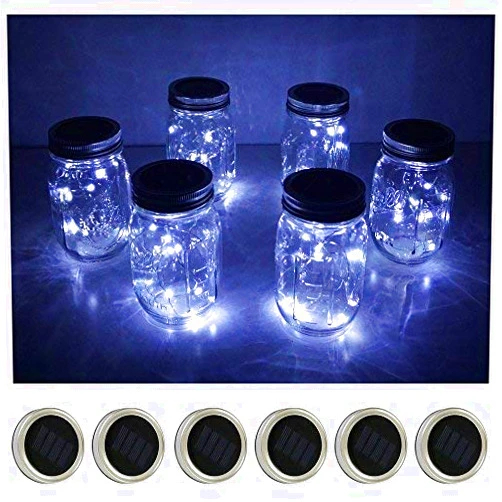 Decorman Solar Mason Jar Lid Lights, 6 Pack 20 LED Waterproof String Fairy Star Firefly Jar Lids Lights for Patio Garden Yard Lawn Party Wedding Christmas Decoration(Jars & Hangers Not Included)