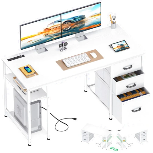 AODK 51 Inch Computer Desk with Fabric Drawers & USB Power Outlets- Reversible Home Office Desk with Storage Shelves, Work from Home, Modern Work/Writing/Study Table for Bedroom, White