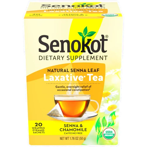 Senokot Dietary Supplement, Natural and Organic Senna Leaf, Laxative Tea for Occasional Constipation, 20 Wrapped Pyramid sachets, Certified Organic.