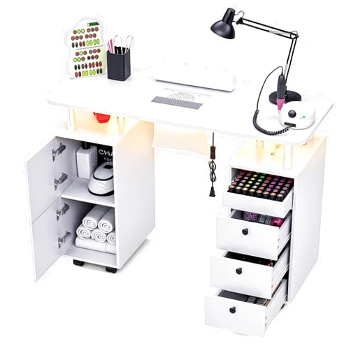 HolaiNail Nail Desk for Nail Tech w/Electric Dust Collector, Rolling Manicure Table w/Lockable Wheels, Storage Drawers, Wrist Cushion, Acetone Resistant, for Nail Beauty Salon Workstation (White)