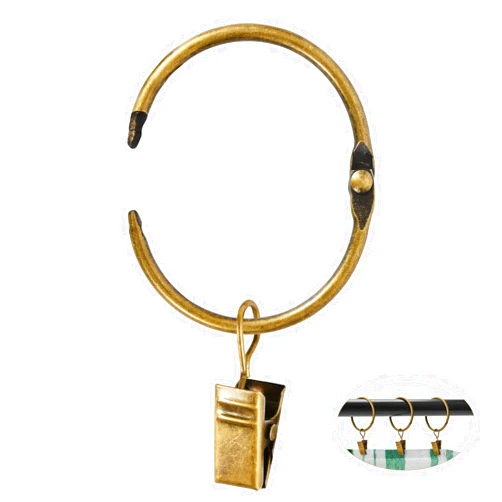 Hanitronic 32 PCS Antique Brass Curtain Rings with Clips, Openable Drapery Metal Clip Rings for Hanging Drapes Decorative Fit Up to 1 3/4-inch Windows Rods (2“ Inner Diameter)