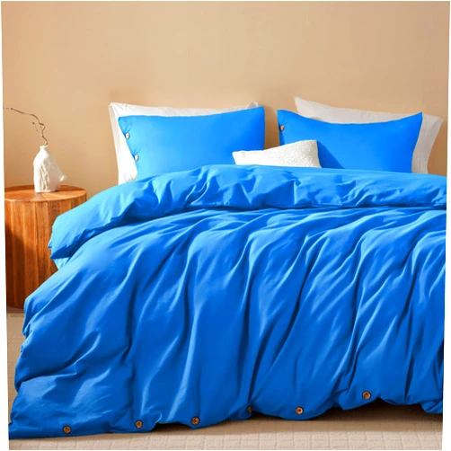 SunStyle Home 100% Washed Cotton Duvet Cover Set Breathable Soft Queen Navy Blue Duvet Cover 3 Pieces Solid Color Bedding Set with Buttons Closure Comforter Cover Set (1 Duvet Cover +2 Shams)