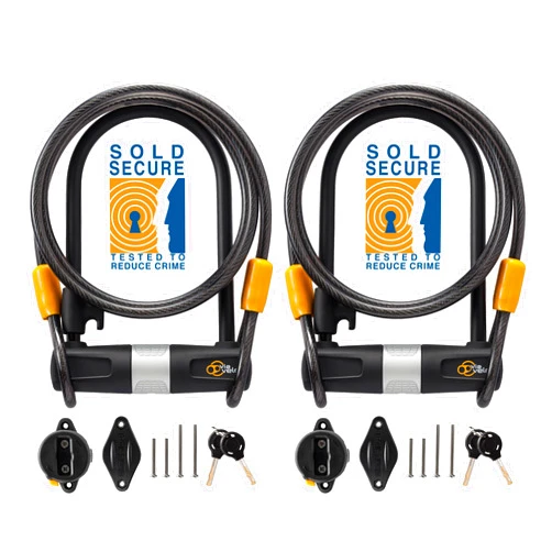 Via Velo 2 Bicycle U-Lock Set, Same Key System 4 Keyed Alike Keys, Heavy Duty Sold Secure 14mm Shackle and 10mm x 1.8m Cable with Mounting Bracket for Road Bike Mountain Bike Folding Bike