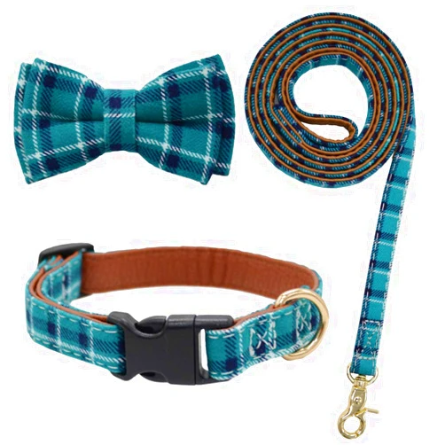 Barleygoo Bow Tie Dog Collar with Leash Set Classic Plaid Adjustable Dogs Collars with Removable Bow Tie for Small to Medium Dogs Green Small