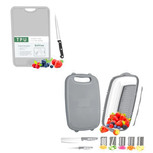 Gintan Camping Cutting Board, 9-in-1 Collapsible Chopping Board with Colander, Gifts for Campers Happy Camper,Camping Accessories for RV Campers (Grey)