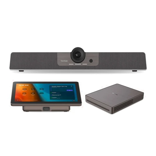 ViewSonic TeamJoin TRS10-UB for Microsoft Teams Rooms includes MPC310-W31-TU Computing Engine mini-PC, MRC1010-TN 10-inch touch console, and UMB202 3-in-1 4K UHD Video Conference Camera