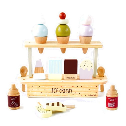 Pillowhale Wooden Ice Cream Toy,Pretend Play Food Toys,Play Ice Cream Counter Set for Kids,Play Kitchen Accessories for Toddlers Girls Boys Ages 3+