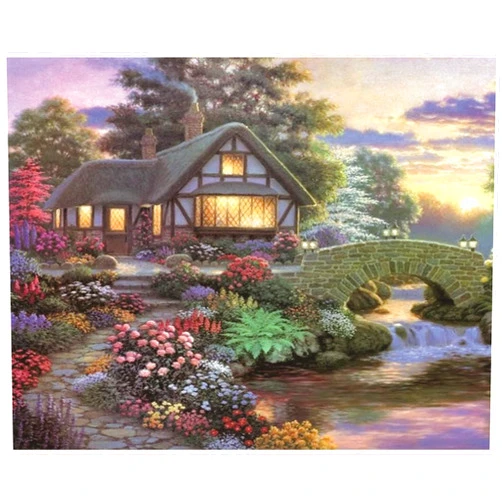 eGoodn 5D Diamond Painting Kits for Adults Cottage Landscape DIY Full Round Drill 20x16 Inches / 50x40 cm, Countryside Sunset Homeland Scenery of Flower Garden Stone Bridge