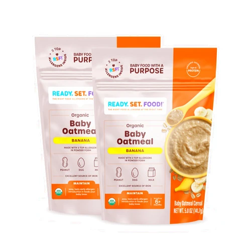Ready, Set, Food! Ready Set Food Organic Baby Oatmeal Cereal – Safe & Easy Early Allergen Exposure for Babies 6+ Months, Organic Baby Food with 3 Top Allergens: Organic Peanuts, Egg, and Milk (Banana, 2-Pack)