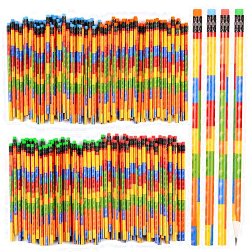 Kolewo4ever 200 Pieces Building Block Wood Pencils Colorful Round Pencils with Top Erasers Kids Birthday Goody Bag Bulk Filler for Exams School Office Sketching Learning Activities