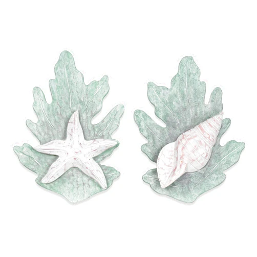 T.I. Design Hand-Carved Wood Starfish and Turban Shell on Reef | Coastal Seashells Beach Wall Decor Set of 2
