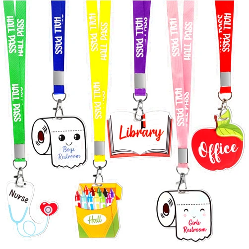 Hxezoc 6 Pieces Acrylic Hall Pass Lanyards and School Passes Set, Cute Passes for School, Classrooms Hall, Library, Restroom, Office, Nurse, Teacher Supplies