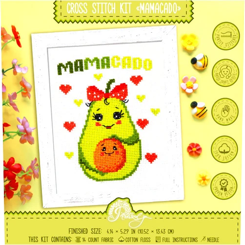 Povitrulya Counted Cross Stitch Kit 'Mamacado' - Embroidery Set with Pre-Sorted Cotton Floss, 14 Count Aida Fabric, Paper Pattern, DIY Gift, Baby Shower and New Mommy Present