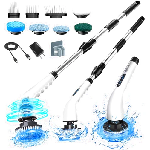 Momk Electric Spin Scrubber Bathroom - Adjustable Handle Cordless Shower Scrubber, 2 Speeds, Bathroom Scrubber with 8 Replaceable Brush Heads, Power Scrubber for Bathtub Cleaning