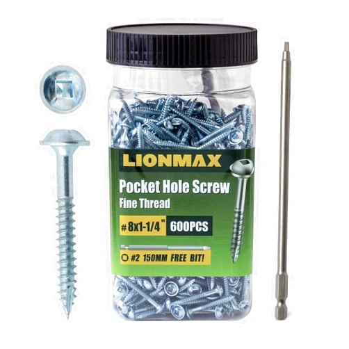 LIONMAX Pocket Hole Screws Fine Thread #8 x 1-1/4 Inch, 600PCS Pocket Wood Screws Washer Head, Square Drive, for Hardwood Pocket Hole, Zinc Plated, 150MM Drive Bit Included