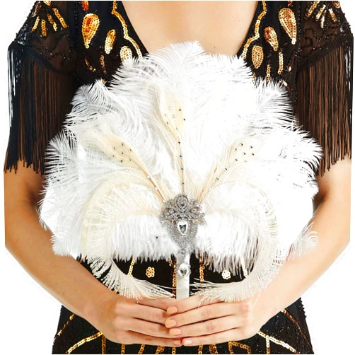 BABEYOND Vintage Bridal Feather Bouquet 1920s Ostrich Feather Fan Crystal Bridesmaid Bouquet 20s Gatsby Wedding Bouquet Flapper Accessories (White)