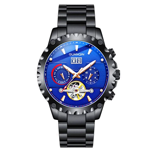 GUANQIN Skeleton Automatic Mechanical Men Wrist Watch Business Stainless Steel Sapphire Crystal Waterproof Self-Winding Clock Luminous Day Date Month (Blue Black)