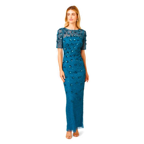 Adrianna Papell Women's Beaded Long 3D Floral Dress