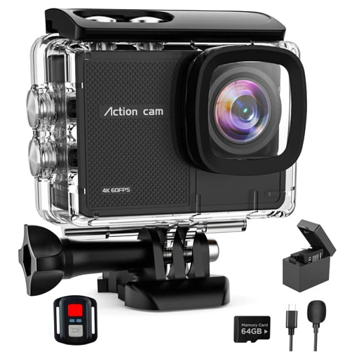 Yolansin 4K Action Camara Waterproof with 64G Crad- 60FPS 48MP HD WIFI Camera with EIS 40M Underwater Camera 170°Wide Angle Sports Camera with 2.4G Remote Control 2 Batteries Helmet Mount Accessories Kits