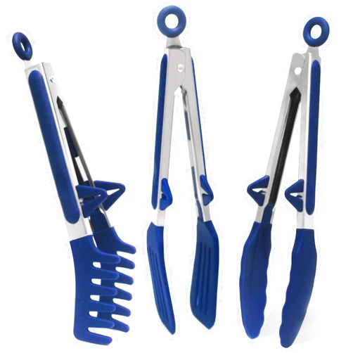 TOWINGO Kitchen Tongs, 9 Inch Tongs for Cooking with Silicone Tips, Food Grade Small Silicone Tongs, Mini Serving Tongs for Nonstick Pans, BBQ, Salad, Set of 3, Blue