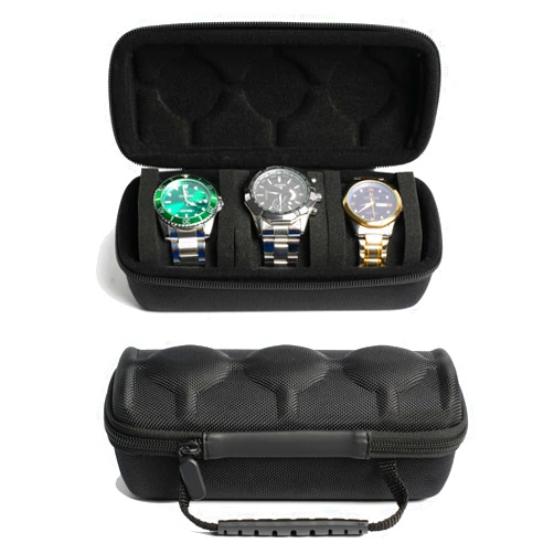 RIGICASE 3 watch travel case roll, Hard watch carry case roll display storage organizer box for men and women with soft foam pillows snug fit all size watches up to 60mm face