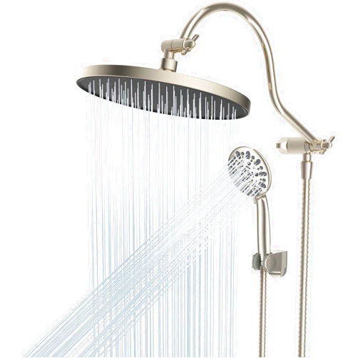 Hibbent 10'' Self-cleaning Rainfall Shower Head, High Pressure Handheld Shower Head, Showerhead Combo with 12'' Adjustable Curved Shower Extension Arm, 7-Spray, 71'' Hose, Showerhead Holder, Brushed Nickel