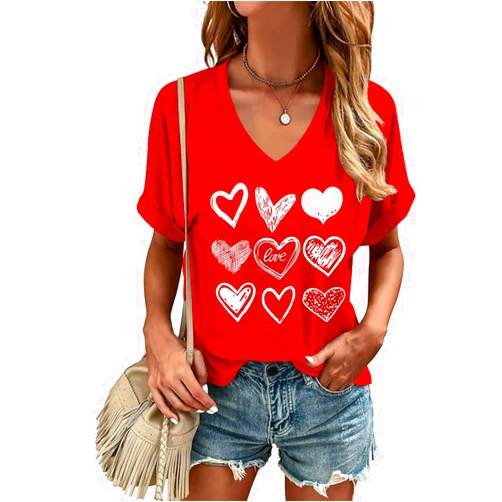 Woffccrd Womens Short Sleeve V Neck T-Shirts Valentina's Day Spring Shirts Love Heart Graphic Tees