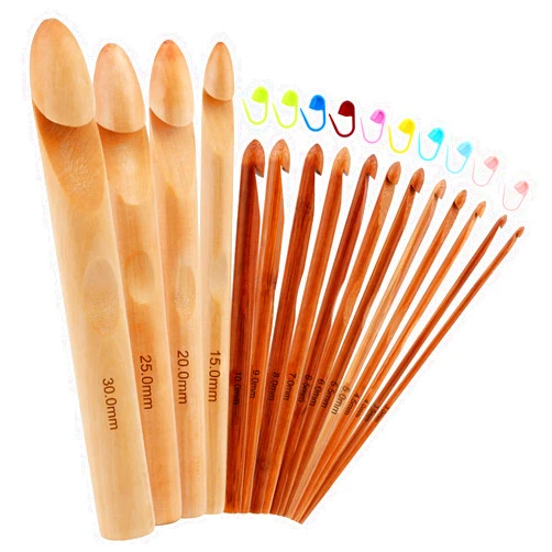 Dercuy 16 Pieces Wooden Crochet Hooks, 3 to 30 mm in Diameters Handle Crochet Hook Knitting Crochet Needles with 10 pcs Knitting Stitch Markers for Handcraft Crocheting
