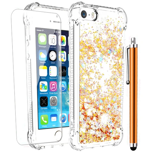 CAIYUNL for Case for iPhone SE 2022/SE 2020/iPhone 8/iPhone 7 with Screen Protector, Women Girls Cute Glitter Bling Floating Liquid Soft TPU Silicone Slim Phone Case Shockproof Protective Cover -Gold