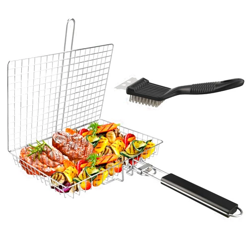 Mdvora Grill Basket, Large Folding Grilling Basket with Grill Cleaning Brush, Stainless Steel for Chicken, Meat, Steak, Chops(1pcs Large Grill Basket + 1pcs Brush)