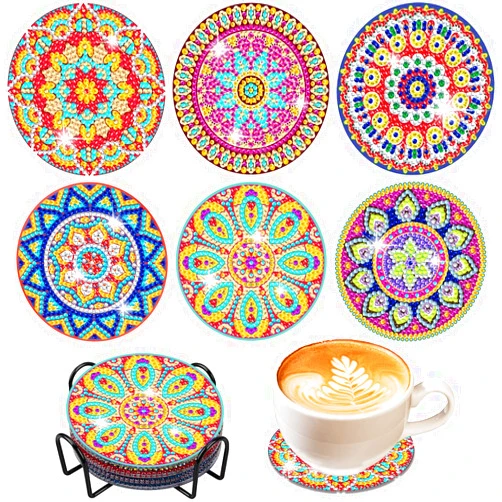 Vcekract Diamond Painting Coasters, 6 Pcs Mandala Diamond Art Coasters with Holder, Crafts Kits for DIY Coasters, Adult Crafts Projects Kits Women