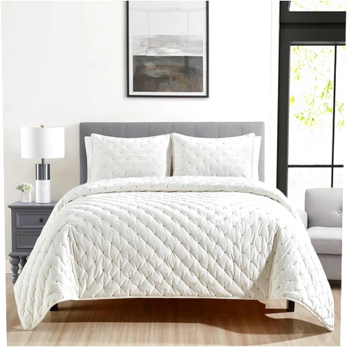 Sunshine Nicole Embroidery Quilt Set with Metallic Gold Thread, Distressed Velvet Face and Brushed Solid Microfiber Reverse, with Light Weight Soft Poly Fill, 3 Pieces Light Ivory Gold, Queen
