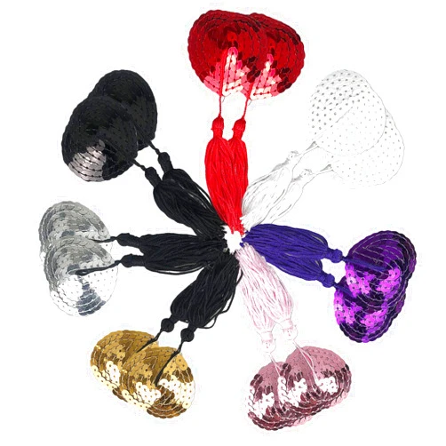 Kootinn [7 Pairs] Reusable Adhesive Nipple Cover, Shiny Sequin Silicone Heart-Shaped Breast Pads Pasties Bra with Tassel