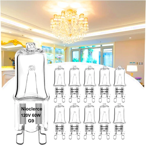 Nioclerce G9 Bulb 60 Watt - 10 Pack High Output G9 Halogen Light Bulbs 2 Pin 120V 60W Warm White 2800K, G9 Dimmable Bulb with G9 Base, G9 Light Bulb for Range Hood Light, Chandeliers, Cabinet Light