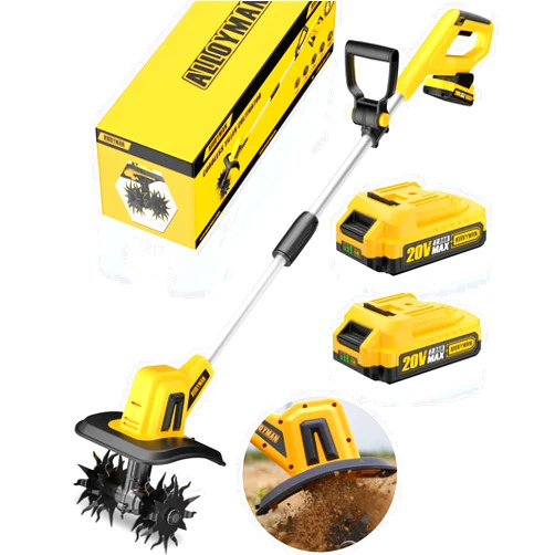 Alloyman 20V Cordless Tiller Cultivator,360RPM Electric Garden Tiller, with 2 * 2.0Ah Batteries & Charger,9In Tilling Width, 6.6In Depth Garden Rototiller for Lawn/Gardening/Soil Cultivation