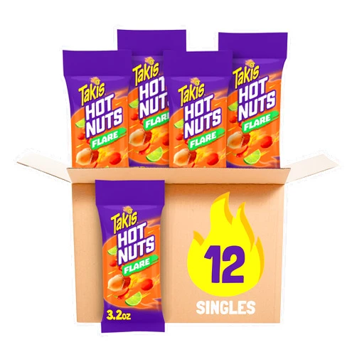 Takis Flare Hot Nuts 12 pc / 3.2 oz Snack Size Box, Chili Pepper & Lime Flavored Medium Spicy Double-Crunch Peanuts