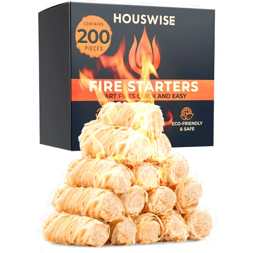 Houswise Fire Starter 200 pcs - Natural Fire Starters for Indoor & Outdoor, Firestarter for Wood Stove, Fireplace Campfires, Chimney, Grill, Fire Pit, BBQ