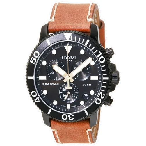 Tissot Mens Seastar 1000 Chronograph 316L Stainless Steel case with Black PVD Coating Quartz Watch, Beige, Leather, 22 (T1204173605100)