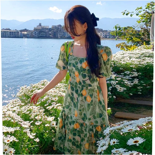 QNNGXX Large -Size Women's Small Floral Square Collar Back -Back Design Sense Versatile Thin Dress (Color : White, Size : 3X)