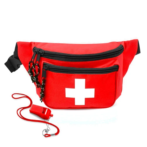 EMS XTRM Lifeguard Fanny Pack Red with Whistle Lanyard - Baywatch Style First Aid Hip Pack, Adjustable Strap, Cross Logo + Zipper Pouch, 1 Pack