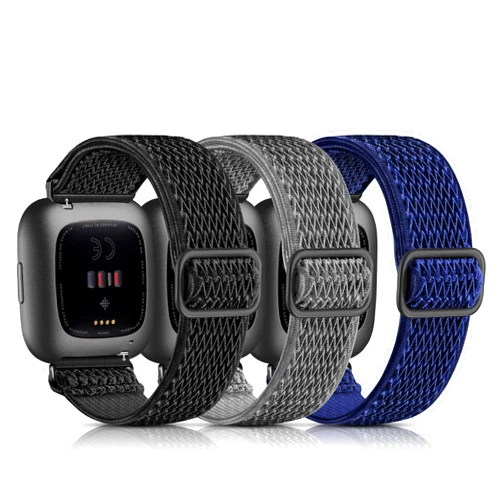 Maledan Stretchy Solo Loop Compatible with Fitbit Versa/Fitbit Versa 2 Bands for Men Women, 3 Pack Flexible Breathable Nylon Woven Sport Replacement Watch Band for Fitbit Versa, Black/Blue/Gray