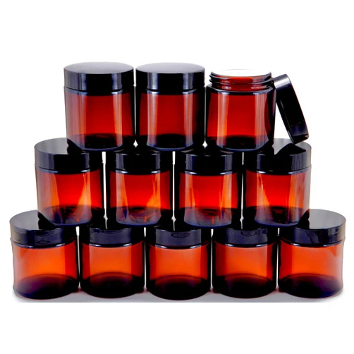 Vivaplex, 12, Amber, 4 oz, Round Glass Jars, with Inner Liners and black Lids