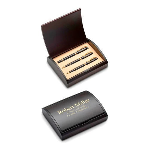 Executive Gift Shoppe | Personalized Laser Engraved Three Piece Pen & Pencil Gift Set with Cherry Wood Box