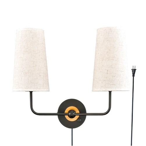 HYDELITE 2-Light Black Wall Sconce Industrial Wall Lamp Plug in Cord or Hardwired Double Sconce with Fabric Shade Dimmable On/Off Switch