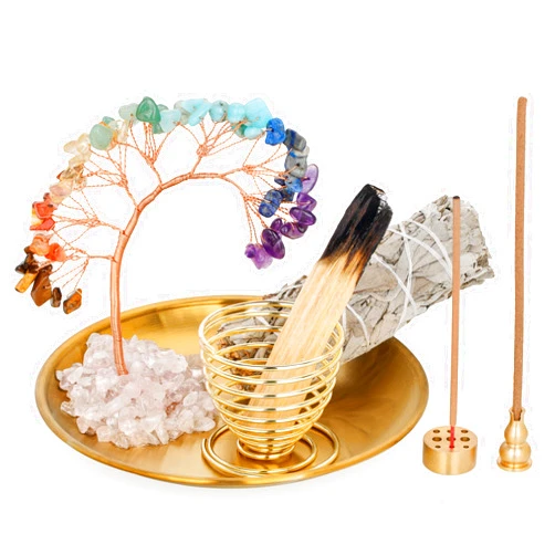 ZenBless 7 Chakra Crystal Tree Incense Holder Palo Santo Holder Sage Burner 5.5 inches Brass Ash Catcher for Incense Sticks/Coil Incense/Incense Cones Yoga Meditation Zen Spiritual Room Home Decor