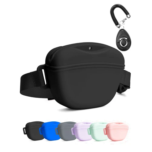 Heouvo Dog Treat Pouch with Training Clicker, Upgrade Stronger Magnetic Closure to Avoid Spilling, 1.67 Cup Silicone Treat Bag Fanny Pack with Waist Belt for Pet Training Walking (Black)